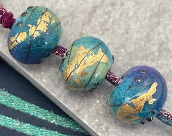 Handmade Lampwork Glass Beads Made to Order  - Monet Nuggets in Blue, Green and Purple with Gold Leaf  by Emma Ralph, EJR Beads UK SRA