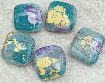 Handmade Lampwork Glass Beads in Twilight Colours with Gold Leaf. Artisan Studio Glass Beads by Emma Ralph EJR Beads SRA Blue Purple