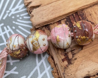Pastel Pink & Brown Artisan Lampwork Glass Beads  - 4 Nugget Beads with Gold Leaf Handmade to Order  by Emma Ralph, EJR Beads UK SRA
