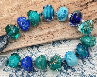 Handmade Lampwork Glass Bead Set in Teal & Turquoise Blue.  Art Beads Set by Emma Ralph, EJR Beads SRA UK - Made to Order