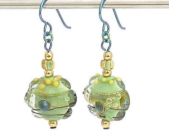 Green and Gold Lampwork Glass Bead Earrings with Hypo Allergenic Niobium Earwires, Handcrafted by Emma Ralph SRA Unique Gift UK