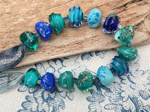Handmade Lampwork Glass Bead Set in Teal Turquoise Art