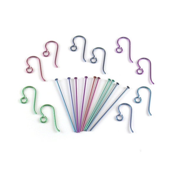 Niobium Earring Findings Kit - Nickel Free Hypo Allergenic Earwires and Headpins in Colourful Anodized Metal. 5 pairs. Your Choice of Colour