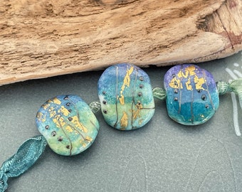 Handmade Lampwork Glass Beads Made to Order  - Monet Tabs in Blue, Green and Purple with Gold Leaf Art Beads by Emma Ralph, EJR Beads UK SRA