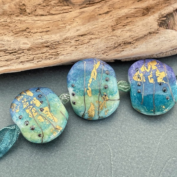 Handmade Lampwork Glass Beads Made to Order  - Monet Tabs in Blue, Green and Purple with Gold Leaf Art Beads by Emma Ralph, EJR Beads UK SRA