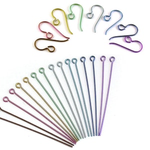 Niobium Earring Hooks and Eyepins Findings Kit 32 Pieces Nickel Free, Hypo Allergenic Earwires and Eyepins in Anodised Non-Tarnish Metal image 1