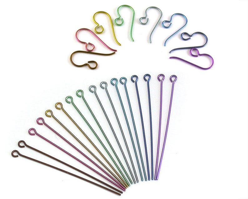Niobium Earring Hooks and Eyepins Findings Kit 32 Pieces Nickel Free, Hypo Allergenic Earwires and Eyepins in Anodised Non-Tarnish Metal image 1