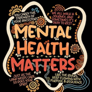 May include: A black graphic with the words "MENTAL HEALTH MATTERS" in orange and red, surrounded by decorative elements and text. The image includes phrases like "You carry the strength of your ancestors" and "Just as the land needs care, so does your spirit."