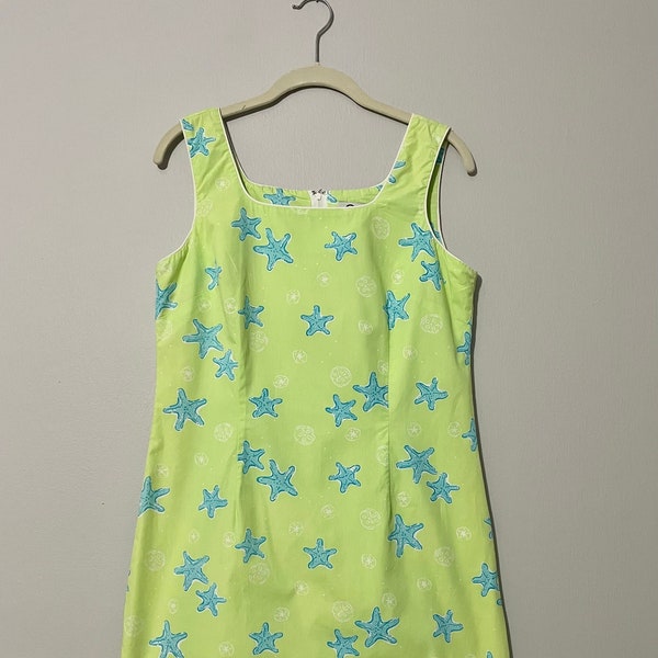 90s Vintage Lilly Pulitzer Sleeveless Shift Dress Green Starfish Women's Size 8 White Label Lilly Pulitzer