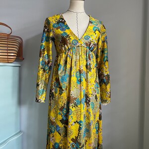 70s Vintage Maxi Dress Women&#39;s Small Yellow Turquoise Floral
