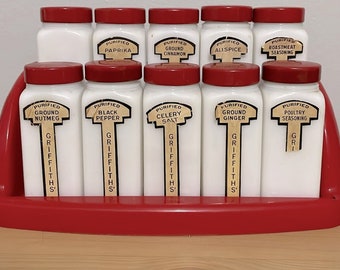 Vintage 50s Griffith’s White and Red Milk Glass Spice Jars 10 Piece Set with Original Rack