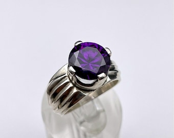Sterling Silver Deep Purple Cocktail Ring Sparkling Solitaire