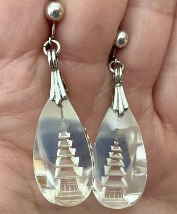 Vintage Japanese Intaglio Crystal Pagoda Earrings 925 Sterling Silver Screw Back Etsy