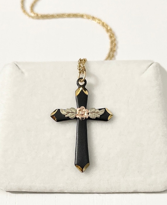 Black Hills Gold Cross Necklace Black Powder Coate