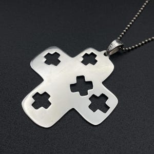 Vintage Mexico Sterling Silver Cut Out Large Cross Pendant with Ball Chain Minimalist Solid Sterling Cross