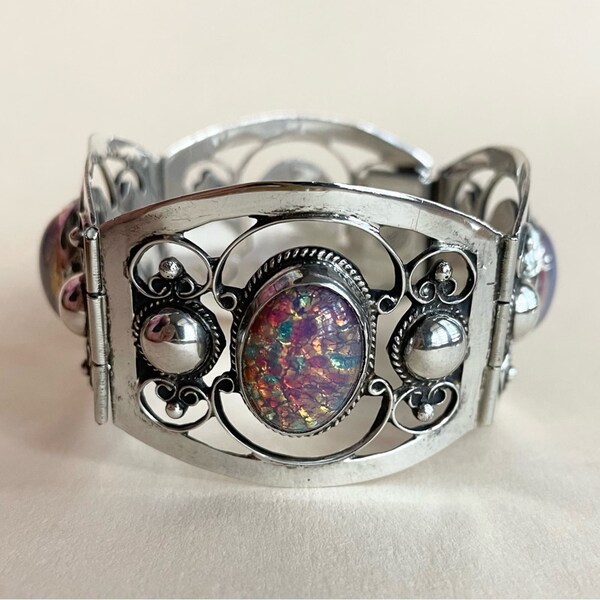 Vintage Mexican Sterling Silver Fire Opal Panel Bracelet Faux Opal Foil Art 1950s FarFan