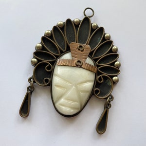 Large Vintage Mexican Carved White Onyx Aztec Warrior Pendant Copper and Brass - Unisex Copper Statement Pendant