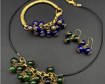 Bohemian Gold Beaded Jewelry Set Lapis Blue Green Jade Color Statement Tribal