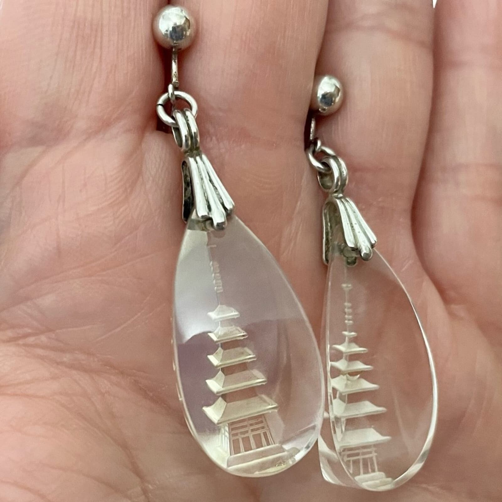 Vintage Japanese Intaglio Crystal Pagoda Earrings 925