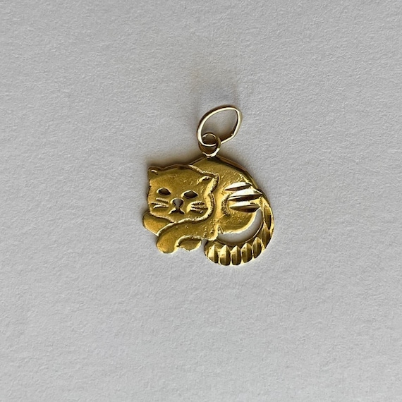 Vintage 14k Yellow Gold Cat Charm Pendant Diamond… - image 2