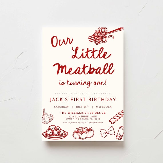 Our Little Meatball First Birthday Invitation Template, Editable Italian 1st Birthday Invite, Customizable Canva Italian Birthday Invitation