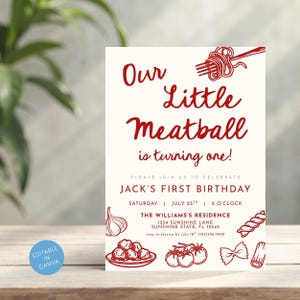 Może przedstawiać: Kremowe zaproszenie z czerwonym tekstem i ilustracjami na pierwsze urodziny. Tekst brzmi "Our Little Meatball is turning one!" ze szczeg&oacute;łami wydarzenia. Zaproszenie jest edytowalne w Canva.
