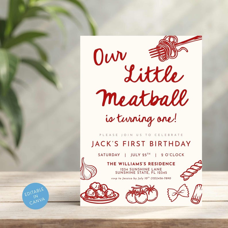 Może przedstawiać: Kremowe zaproszenie z czerwonym tekstem i ilustracjami na pierwsze urodziny. Tekst brzmi "Our Little Meatball is turning one!" ze szczeg&oacute;łami wydarzenia. Zaproszenie jest edytowalne w Canva.