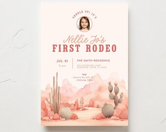 Invitación para mi primer cumpleaños de chica de rodeo, invitación para el primer cumpleaños de vaquera editable en Canva, invitación de cumpleaños de rodeo western rosa