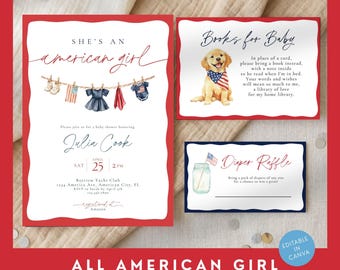 Alle amerikanischen Mädchen-Babyparty-Bündel, Vaterländische Babyparty-Einladung, rotes weißes und blaues Babyparty-Set, 4. Juli-Babyparty-Thema
