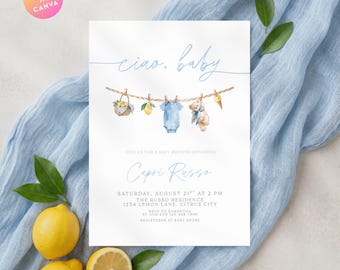 Invito per baby shower Blue Ciao, modello minimalista per baby shower in stile italiano, baby shower a tema italiano, estate ad Amalfi, limoni