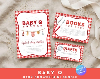 Baby Q Babyparty-Einladungspaket, Grill-Babyparty-Einladung, Hinterhof-Grillparty Baby-Q, Grillparty bearbeitbare Canva-Vorlage, Windel-Verlosung