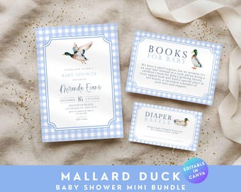 Mallard Duck Baby Shower Invitation Bundle Blue Gingham Plaid, Duck Hunt Invite and Books for Baby Diaper Raffle, Editable Template in Canva