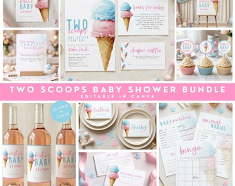 Zwei Schaufeln Zwillinge Babyparty Bundle, Mädchen und Junge Zwillings-Babyparty, rosa und blaues Eis Thema, zweieiige Zwillinge druckbare, bearbeiten in Canva