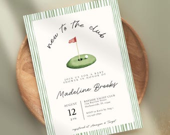 Invito modificabile per baby shower a tema golf, modello per baby shower a tema golf per i nuovi arrivati nel club, modificabile in Canva, download immediato, un piccolo putter