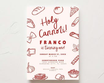 Modello di invito per il primo compleanno di Holy Cannoli, invito modificabile per il primo compleanno in italiano, invito personalizzabile per il compleanno a tema italiano