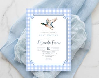 Mallard Duck Baby Shower Invitation Blue Gingham Plaid, Duck Hunt Invite, Minimalistic Duckling Baby Shower Editable Template in Canva