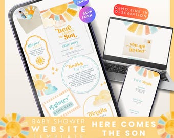 Invito per baby shower "Ecco che arriva il figlio" con RSVP, invito per baby shower "Sole e Sole" per un maschietto, sito web modificabile in Canva