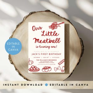 Może przedstawiać: Kremowe zaproszenie z czerwonym tekstem i ilustracjami, zawierające frazę "Our Little Meatball is turning one!" oraz szczeg&oacute;ły dotyczące pierwszych urodzin Jacka. Zawiera tekst "Editable in Canva" i "Instant Download".
