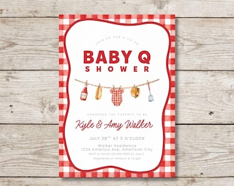 Baby Q-Babyparty-Einladung, Grill-Babyparty-Einladung, Hinterhof-Grillparty Baby-Q, Grillparty bearbeitbare Canva-Vorlage