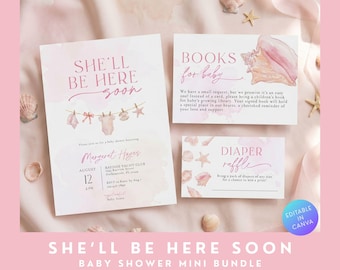 Sie wird bald hier sein, Babyparty-Einladungspaket, Meer Sie bald Muschel Küstenthema, bearbeitbare Canva-Vorlage, Strandmädchen-Wäscheleindusche