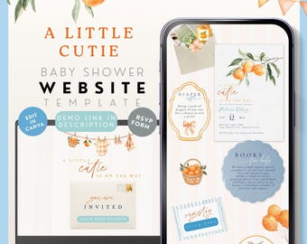 A Little Cutie Is On The Way Babyparty-Einladungswebsite, Sommer-Citrus-Evite mit Antwortmöglichkeit, bearbeitbare Canva-Website-Vorlage Geschlechtsneutral