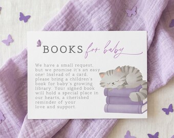 Katzen-Babypartybücher für Babykarte, Aquarell lila Mädchen-Dusche für Katzenliebhaber, ein kleines Kätzchen ist auf dem Weg, graues Katzenkätzchen