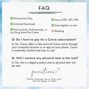 May include: A digital FAQ information sheet with black text on a white background. It lists usage terms including personal use, unlimited downloads, printing options, and file formats. It answers questions about Canva subscriptions and physical shipping.