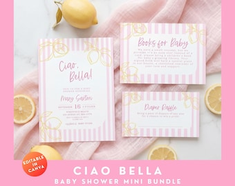 Ciao Baby Shower Invite, Rosa Ciao Bella Baby Shower Bundle, Italienisches Baby Bearbeitbare Vorlage, Zitrone Zitrus Babyeinladung und Bücher für Baby