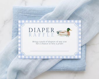 Mallard Duck Baby Shower Diaper Raffle Blue Gingham Plaid, Duck Hunt Invite, Minimalistic Duckling Baby Shower Editable Template in Canva