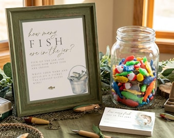 Ein Kleiner Fischer ist unterwegs Babyparty-Spielkarten und Tischschild, Raten Sie, wie viele Fische im Glas sind, 8x10, 5x7