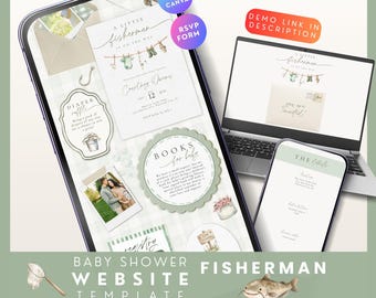 Ein kleiner Fischer ist auf dem Weg Babyparty-Website Evite, Angeln Thema Babyparty digitale Einladung mit Online-RSVP, Fisch bearbeitbar