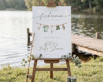 Ein kleiner Fischer ist unterwegs Babyparty Willkommensschild 18x24, Angeln Babyparty für einen Jungen Schild, Rolle angeregt, bearbeitbar in Canva