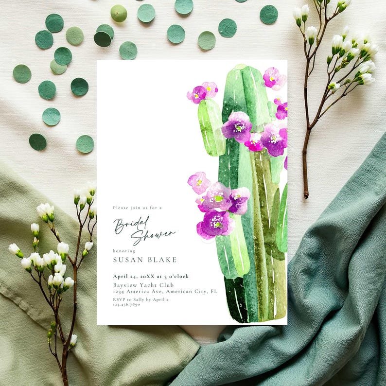Cactus Bridal Shower Invitation, Boho Watercolor, Fiesta Invite, Pink ...