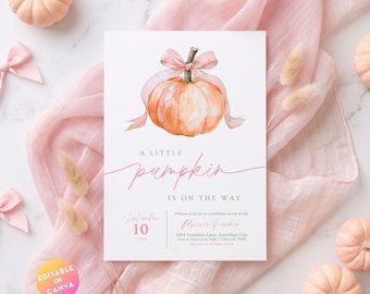 A Little Pumpkin is On The Way Baby Shower, Pink Bow Pumpkin Invite for Girl, Autumn Fall Baby Shower Invitation Template, Thanksgiving
